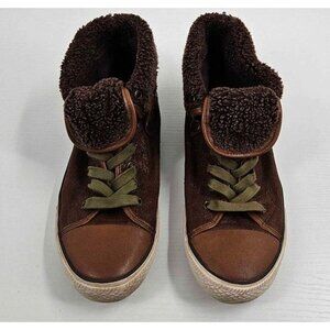 Aldo Brown Leather Ankle Shoe Boot Zip Back Fur Lined Green Lace Sz 40 US 9